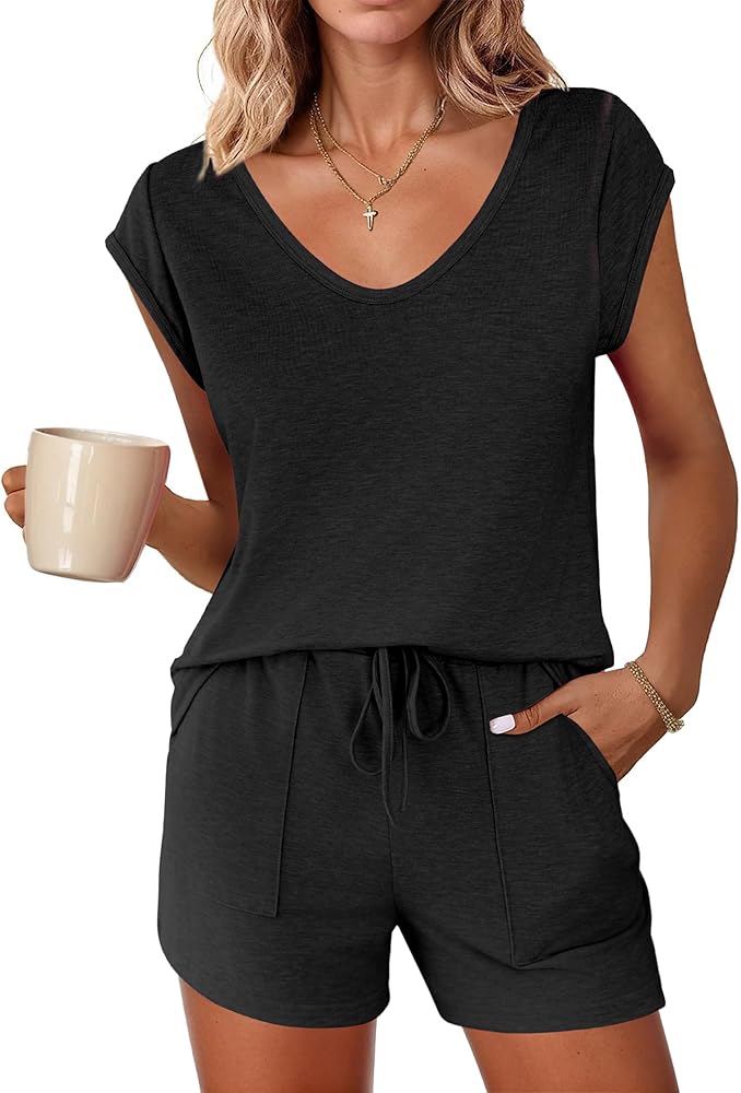 Ekouaer Damen Schlafanzug Set - Kurzärmeliges, ärmelloses V-Ausschnitt Pyjama in zwei Teilen für den Sommer - Shorty Loungewear in den Größen S-XXL