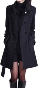 EWFAS Damen Trenchcoat – Eleganter schwarzer Wollmantel mit Umlegekragen, zweireihig, langärmlig, für große Größen, winddicht, einfarbig, ideal für den Winter und verstellbar...