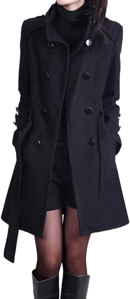 EWFAS Damen Trenchcoat – Eleganter schwarzer Wollmantel mit Umlegekragen, zweireihig, langärmlig, für große Größen, winddicht, einfarbig, ideal für den Winter und verstellbar...