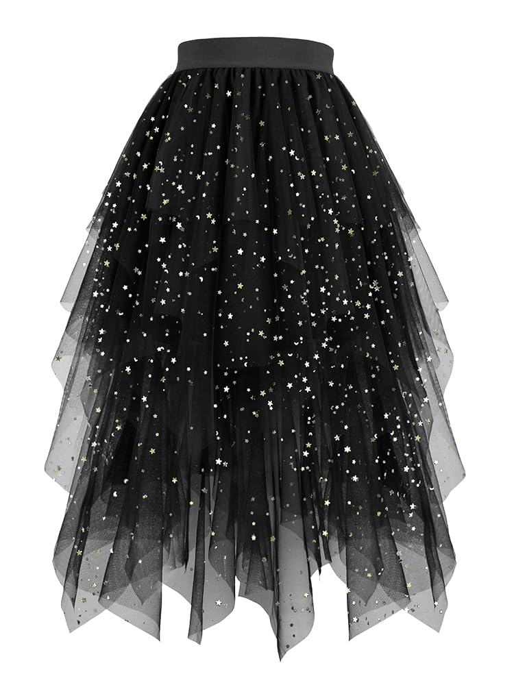 Hanpceirs Damen Tüllrock mit High-Low-Schnitt, schichtweise, puffig, A-Linie, Midi-Rock, unregelmäßiger Tutu-Rock