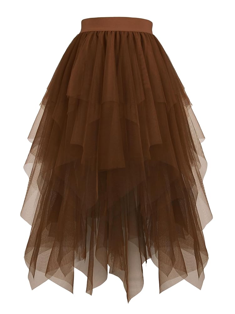 Hanpceirs Damen Tüllrock mit hohem und niedrigem Saum, schichtweise, voluminös, A-Linie Midi-Rock, unregelmäßiger Tutu-Rock