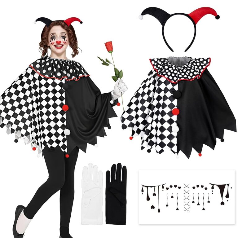 Harlekin Kostüm für Damen – Party Outfit für Karneval mit Harlekin Haarreif, Tattoos und schwarz-weißen Handschuhen für Fasching, Karneval und Mottopartys