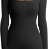 HSAJS Damen Jumpsuit mit langen Ärmeln – gerippter, figurbetonter Yoga-Bodysuit mit eckigem Ausschnitt, Stretch-Overall, Sportanzug, Einteiler für Training