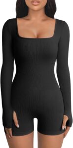 HSAJS Damen Jumpsuit mit langen Ärmeln – gerippter, figurbetonter Yoga-Bodysuit mit eckigem Ausschnitt, Stretch-Overall, Sportanzug, Einteiler für Training