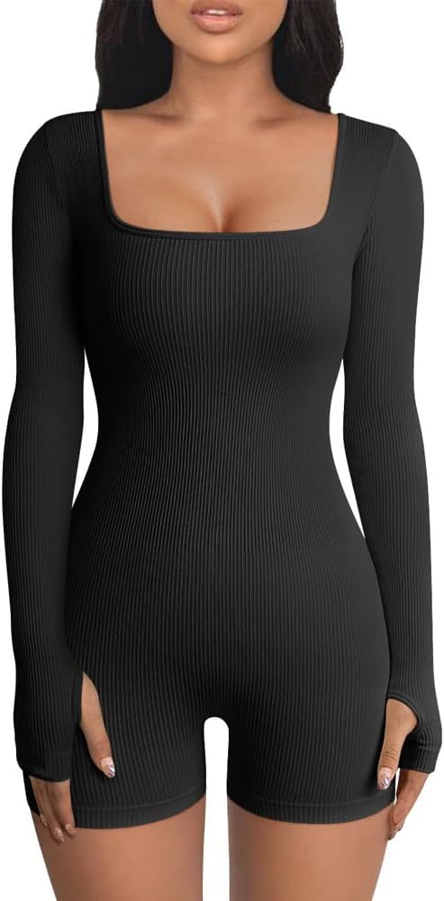 HSAJS Damen Jumpsuit mit langen Ärmeln – gerippter, figurbetonter Yoga-Bodysuit mit eckigem Ausschnitt, Stretch-Overall, Sportanzug, Einteiler für Training