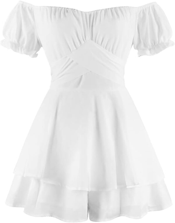 IBTOM CASTLE Damen Boho Jumpsuit Off-Shoulder Kurzes Kleid Sommer Overall Vintage Playsuit High Waist Volant Minikleid Elegant für Hochzeit und Partys