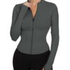 IECCP Damen Gym T-Shirt - Sportliches Langarm Crop Top für Yoga mit Halbreißverschluss und Daumenloch, leichtes Fitnessoberteil