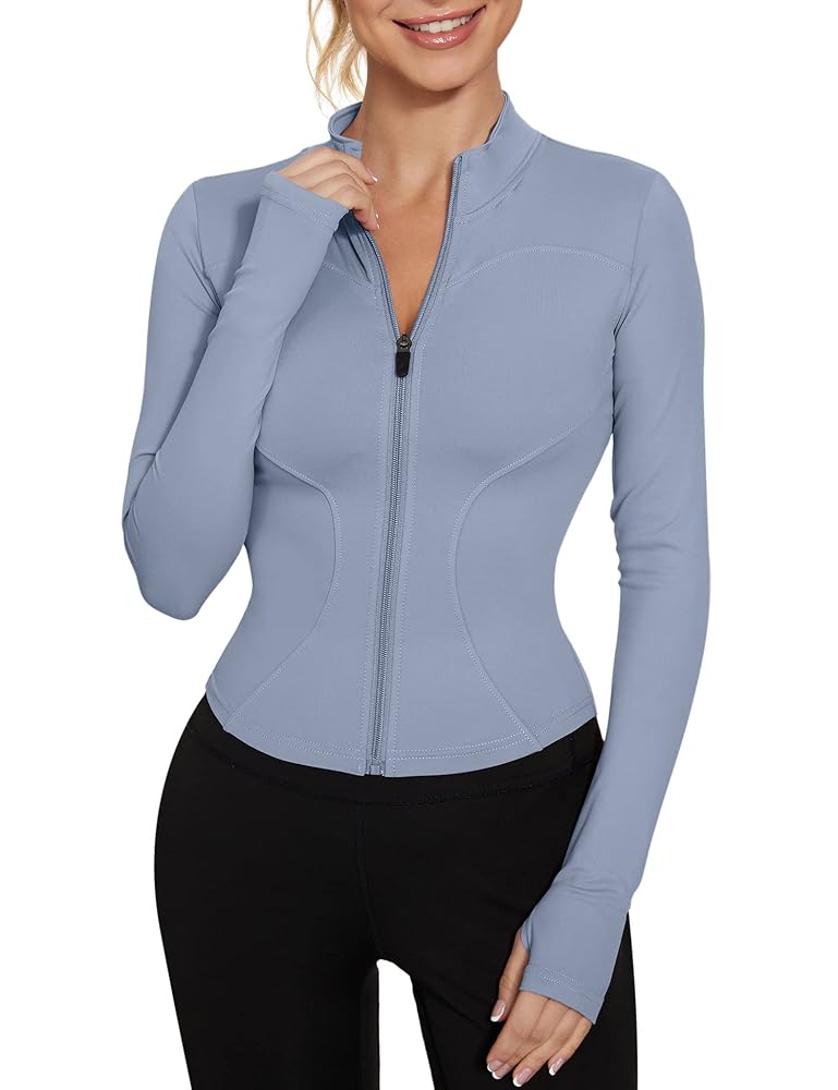IECCP Damen T-Shirt für das Fitnessstudio - Langarm Crop Top mit Halbreißverschluss und Daumenloch für Yoga und Sport