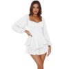IMEKIS Damen Off-Shoulder Rüschen Jumpsuit - Einfarbiger Langarm Shorts Overall aus Chiffon - Elegantes kurzes Boho Minikleid für den Sommer