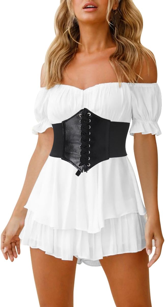 IMEKIS Damen Piraten Halloween Kostüm Off-Shoulder Kurzjumpsuit Boho Kleid mit Rüschen - Elegantes Casual Minikleid im Renaissance-Stil mit Korsett-Design