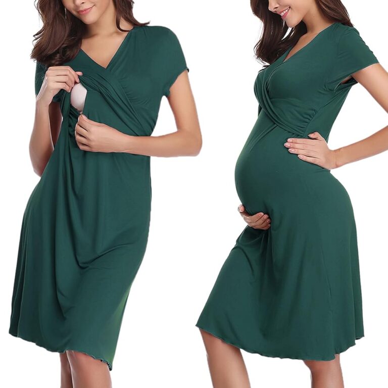 Irdcomps Kurzarm Stillnachthemd für Damen aus Baumwolle – Umstandsnachthemd für Schwangere, Geburtskleid mit Stillfunktion, Größe S-XXL