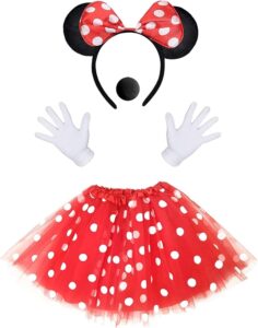 iZoeL Damen Mäusekostüm in Rot mit Tutu und weißen Punkten + Haarreifen mit Mausohren + Handschuhe + Nase für Fasching, Karneval und Motto-Events