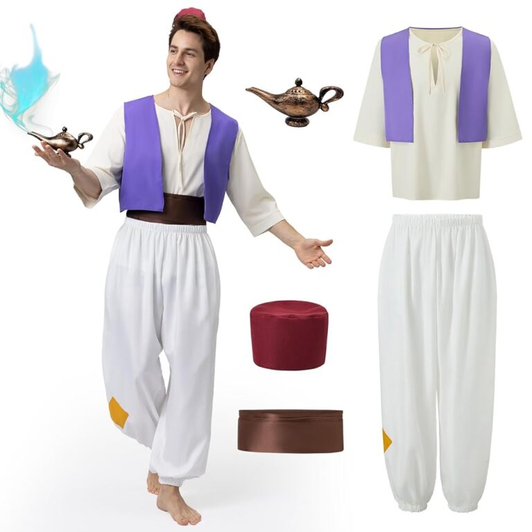 Joellfuner Aladdin Kostüm für Männer, Herren Kostüm als Prinz Ali mit arabischer Prinzenweste, Aladdin Lampe, Hemden, Hüten und Aladinhose für Mottoparty, Karneval und Fasching