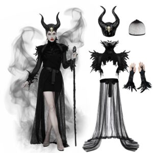 Joellfuner Damen Kostüm Maleficent, Viktorianisches Gothic Teufel mit Flügeln, Königin Hörner Federumhang und langer Tüllrock, Teufelshörner Kostüm für Karneval, Cosplay und...