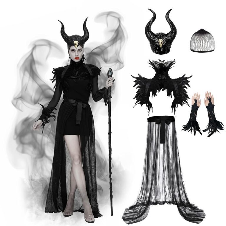 Joellfuner Damen Kostüm Maleficent, Viktorianisches Gothic Teufel mit Flügeln, Königin Hörner Federumhang und langer Tüllrock, Teufelshörner Kostüm für Karneval, Cosplay und...