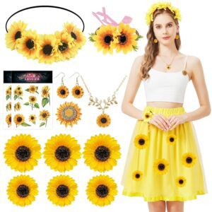 Joellfuner Damenkostüm mit Sonnenblumen, Gelber Tüllrock, Haarreif und Ohrringe, Künstliche Sonnenblumen, Tattoo-Aufkleber und Deko
