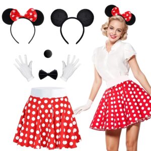 Karnevalskostüm für Damen: Rotes und weißes gepunktetes Rock-Outfit mit Tutu, Mausohr-Haarreifen und Schleife für Fasching und Motto-Partys