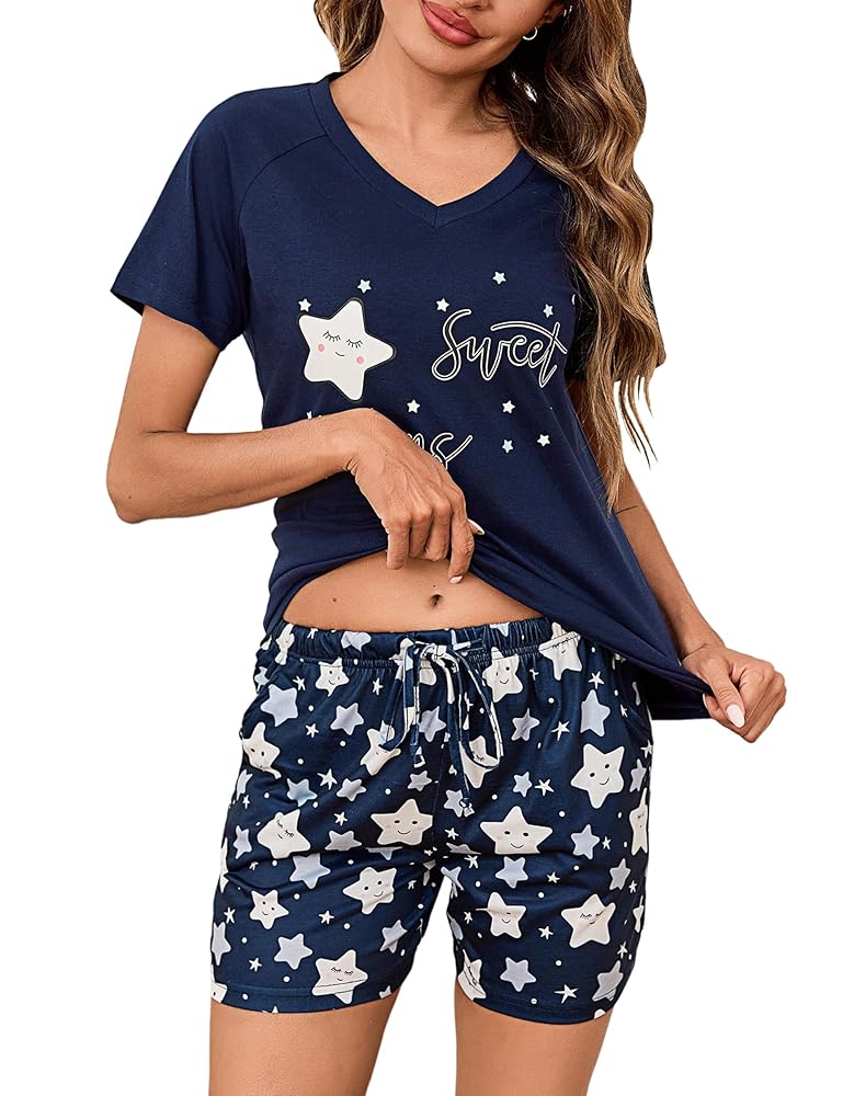 Litherday Damen Schlafanzug Set - Kurze Pyjama mit Sternenprint, Kurzarm Nachtwäsche, Baumwolle, Sommer V-Ausschnitt Loungewear