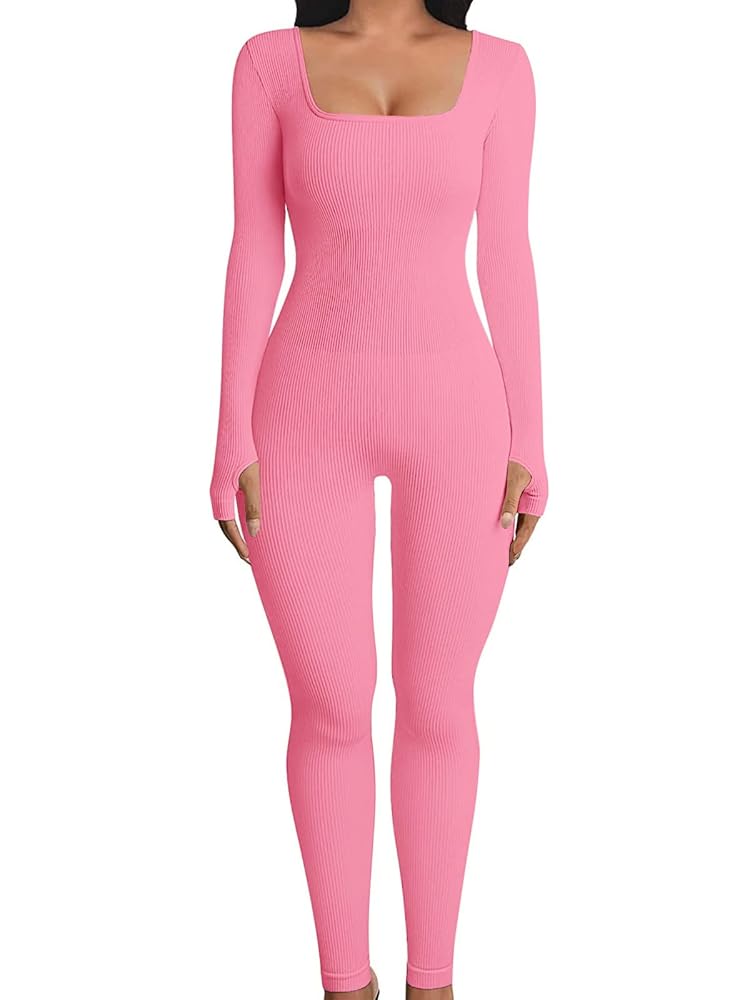 OYIGELZ Damen Yoga Jumpsuit – Einteiliger, gerippter Strickanzug mit langen Ärmeln, ideal für Sport und Workout, figurbetont und mit eckigem Ausschnitt, kuscheliger...