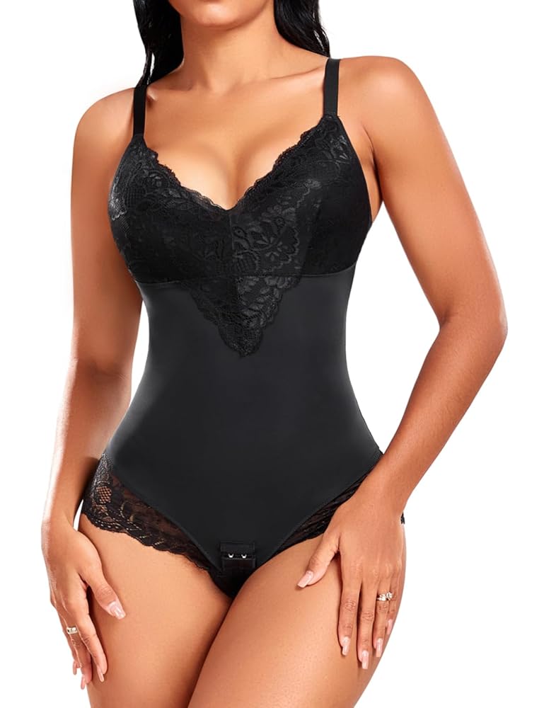 PASUDA Damen Shapewear Bauchweg Bodysuit - Stark formender Body mit sexy Spitze und V-Ausschnitt, figurformender Miederbody mit BH