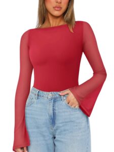 REORIA Damen Bodysuit mit U-Boot-Ausschnitt und Glockenärmeln aus transparentem Netzstoff für Ausgeh-Anlässe
