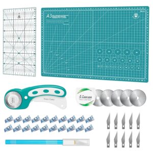 Rollschneider Set - 45mm Stoffschneider Set inklusive A3 Schneidematte, Rollschneider, Ersatzklingen, Patchwork-Lineal, Stoffklammern und Bastelmesser, perfekt geeignet für