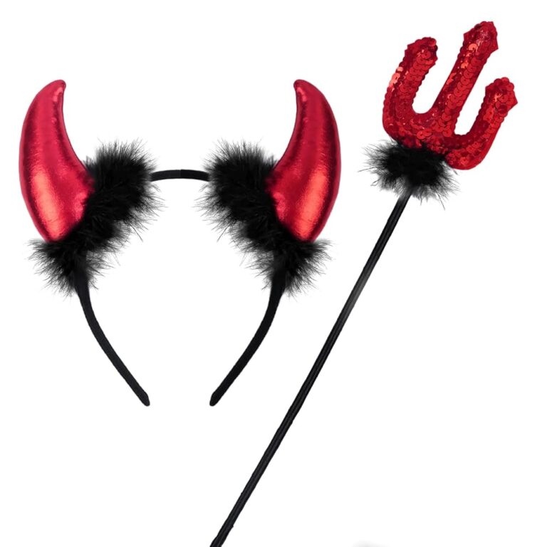 ROSAUI Halloween Teufelshörner und Dreizack-Set, Damen Kostümzubehör für Karneval, roter Haarreif mit Hörnern, 36 cm Dreizack, Teufel Kopfschmuck für Fasching und Partys