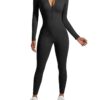 RXRXCOCO Damen Langarm Jumpsuit mit Reißverschluss, Enger Rundhalsausschnitt, Bauchweg-Einteiler für Sport und Yoga, Overall Romper