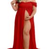 Schulterfreies Umstandskleid aus Chiffon für Fotografie, Maxi-Kleid mit Spalt vorne, ideal für Schwangerschafts-Fotoshootings