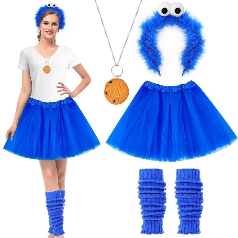 SelfTek Krümelmonster Kostüm für Damen und Kinder, inklusive Cookie Haarreif, Tutu-Rock, Halskette und Beinstulpen – perfekte Accessoires für Karneval und Fasching