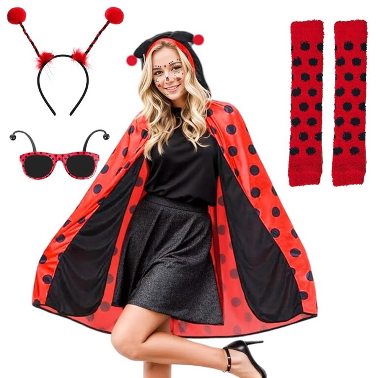 Sranin Marienkäfer Kostümset mit Umhang, Haarreifen, Beinstulpen, Brille und Tattoos – Ideal für Karneval und Halloween