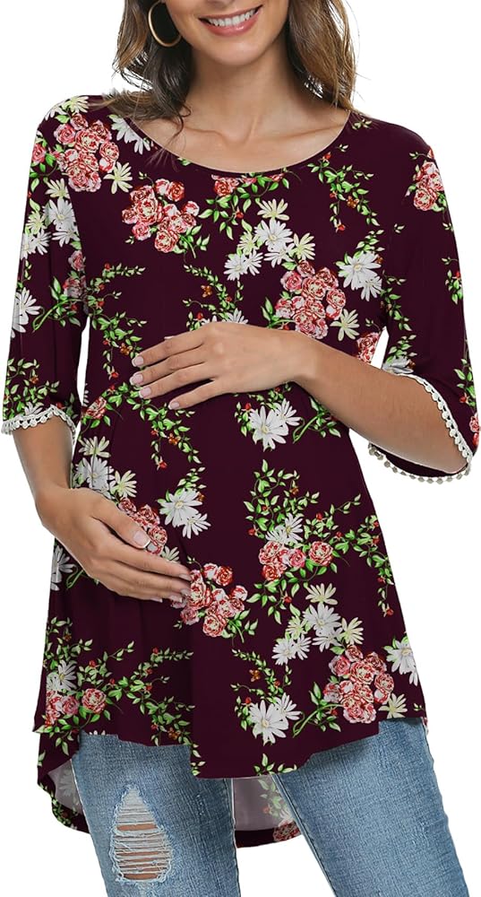 Xpenyo Umstands-Top für Damen mit bezaubernder Spitze und Glockenärmeln, Schwangerschafts-T-Shirt