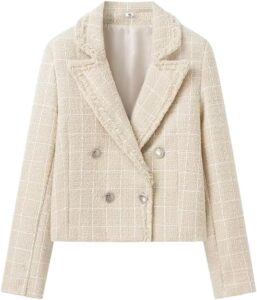 Zunlethian Damen Tweed Blazer 2024 für Frühling und Herbst – Elegante Übergangsjacke mit Revers und tailliertem Schnitt für Büro und Freizeit im Vintage-Stil