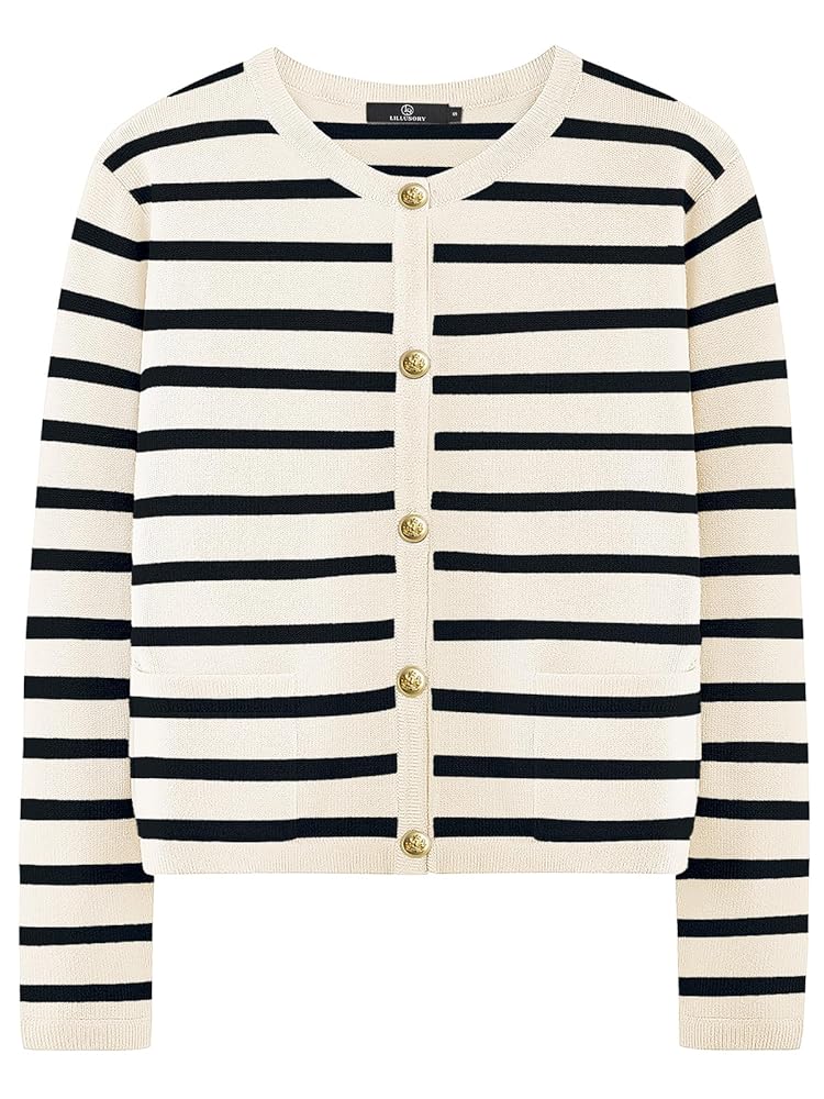LILLUSORY Damen Strickjacke mit Rundhalsausschnitt und goldenen Knöpfen, Jacke mit praktischen aufgesetzten Taschen für Damen