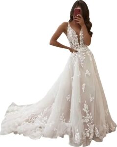 Vintys Damen Tüll Spitze Brautkleid 2024 – Boho Hochzeitskleid VT060