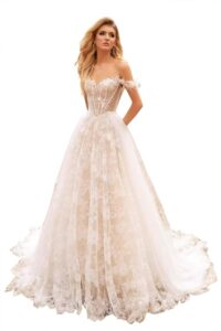 Vintys Damen Tüll Spitze Strand Brautkleid 2024 – Boho Hochzeitskleid VT060
