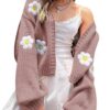 Y2K Damen Strickjacke, langärmelig, offen vorne, bauchfrei, Blumenmuster, ästhetisch inspiriert von den 90ern, ideal für College-Outfits