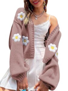 Y2K Damen Strickjacke, langärmelig, offen vorne, bauchfrei, Blumenmuster, ästhetisch inspiriert von den 90ern, ideal für College-Outfits