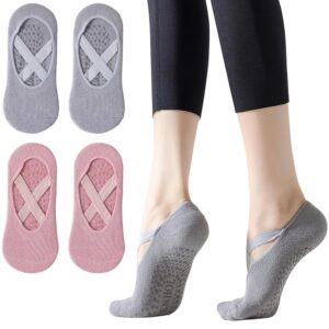 KEPKKU Pilates Socken für Damen - Rutschfeste Grip Socks in Rosa & Grau