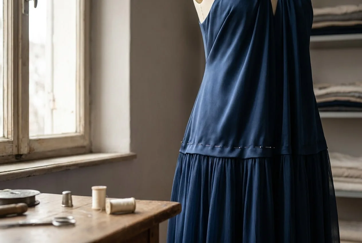 Abendkleid aus Satin wird für die Änderung vorbereitet