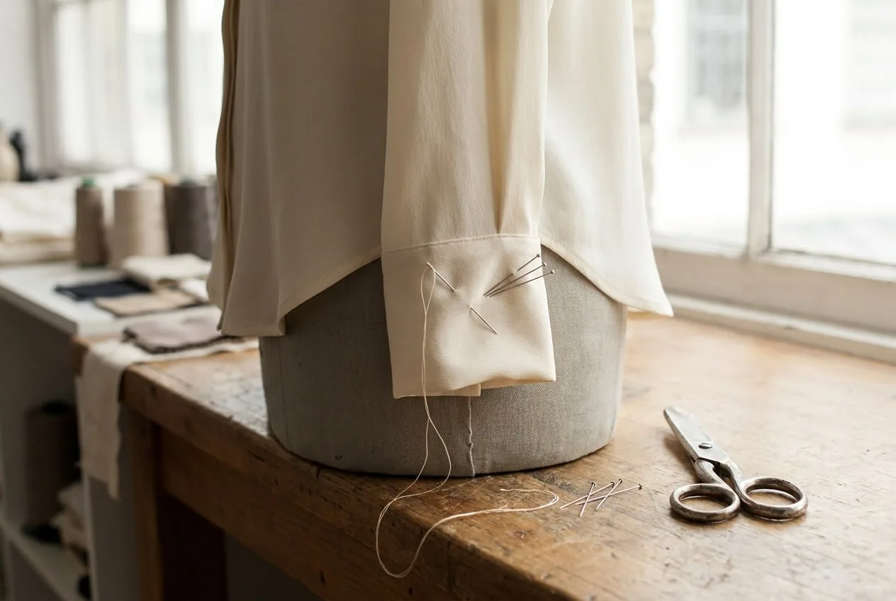 Bluse aus Seide auf der Schneiderpuppe im Atelier
