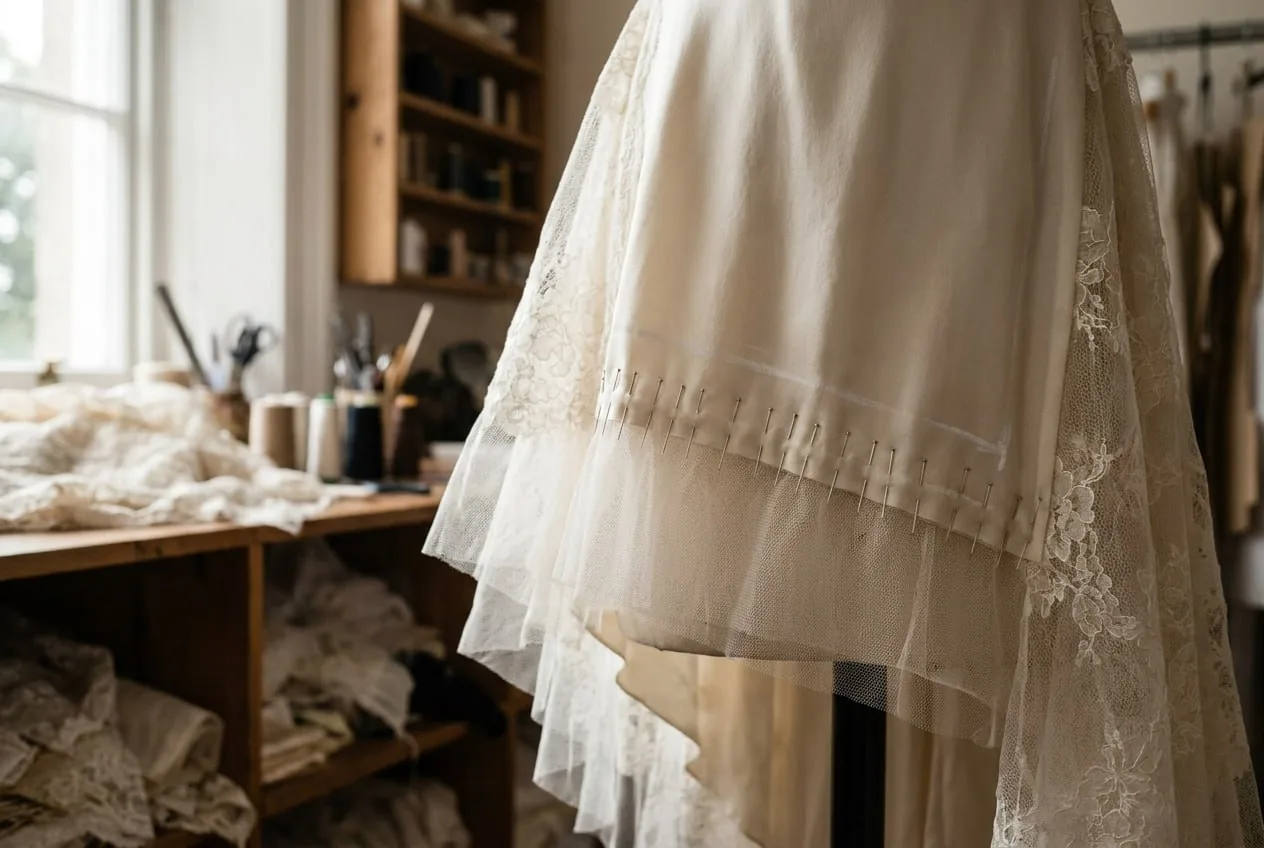 Brautkleid-Saum wird im Atelier in Bayreuth abgesteckt