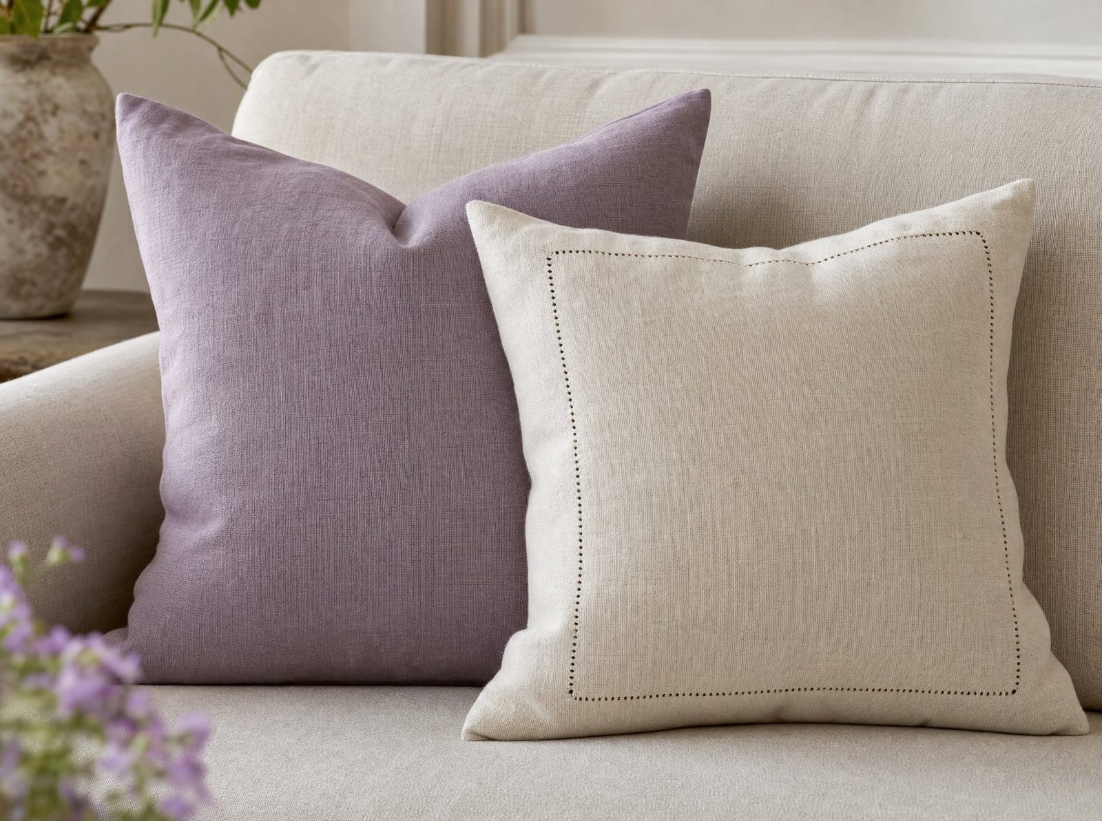 Zwei Kissenhüllen auf einem Sofa in Flieder und Creme